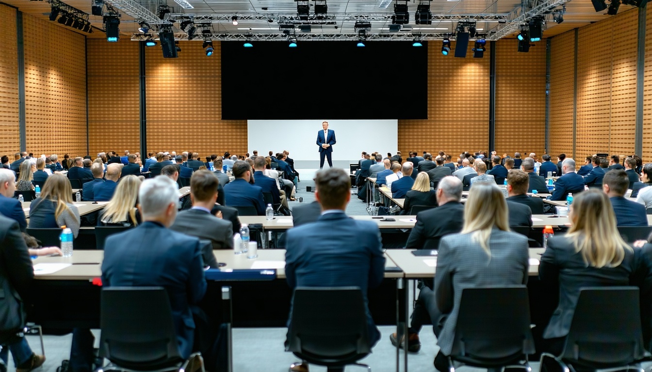 A big conference hall in industrial style with many business man and business women sitting at small tables listening to a speech of a male european speaker who is standing in front of a big black screen The view is from behind gazing directly to the-1 A big conference hall in industrial style with many business man and business women sitting at small tables listening to a speech of a male european speaker who is standing in front of a big black screen The view is from behind gazing directly to the-1
