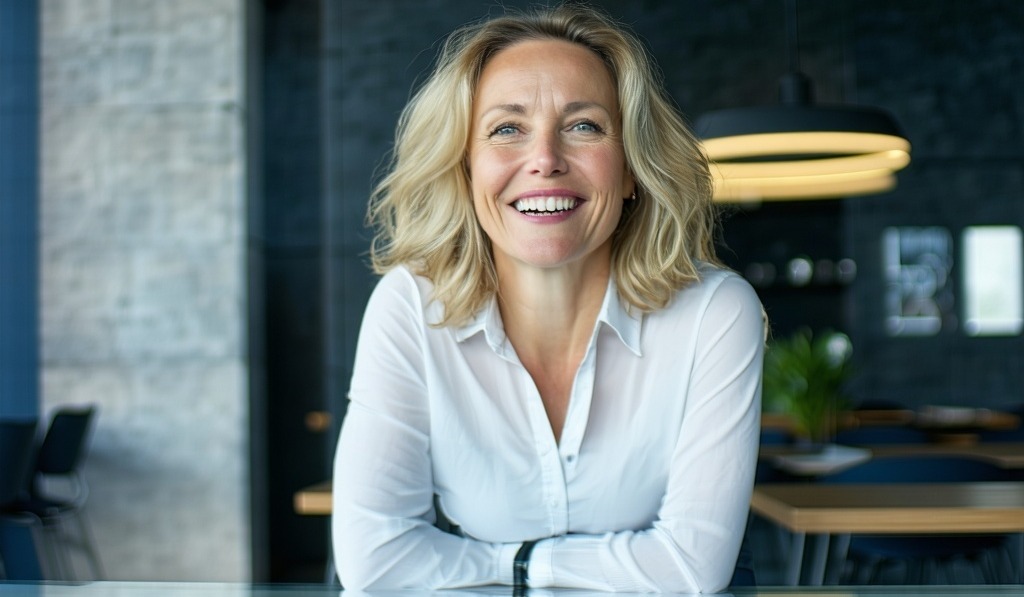 A joyful european business woman in front of a meeting table her face not gazing directly into the camera Soft diffused backlight bathes him in a gentle glow creating a luminous halo effect around their figures while dynamic shadows play across her f-1-1