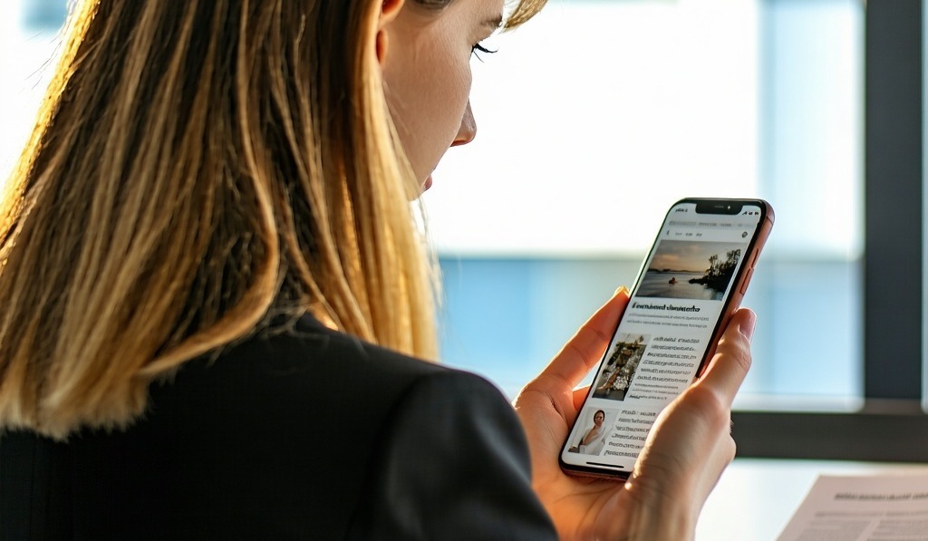 A mobile phone in the hand of a business woman reading a newsletter She is sitting in a meeting room next to a large window in the late afternoon-1